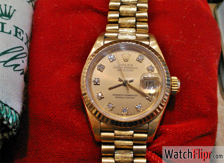 18K Gold Bark Bracelet on a Rolex Datejust President Diamond Dial Watch